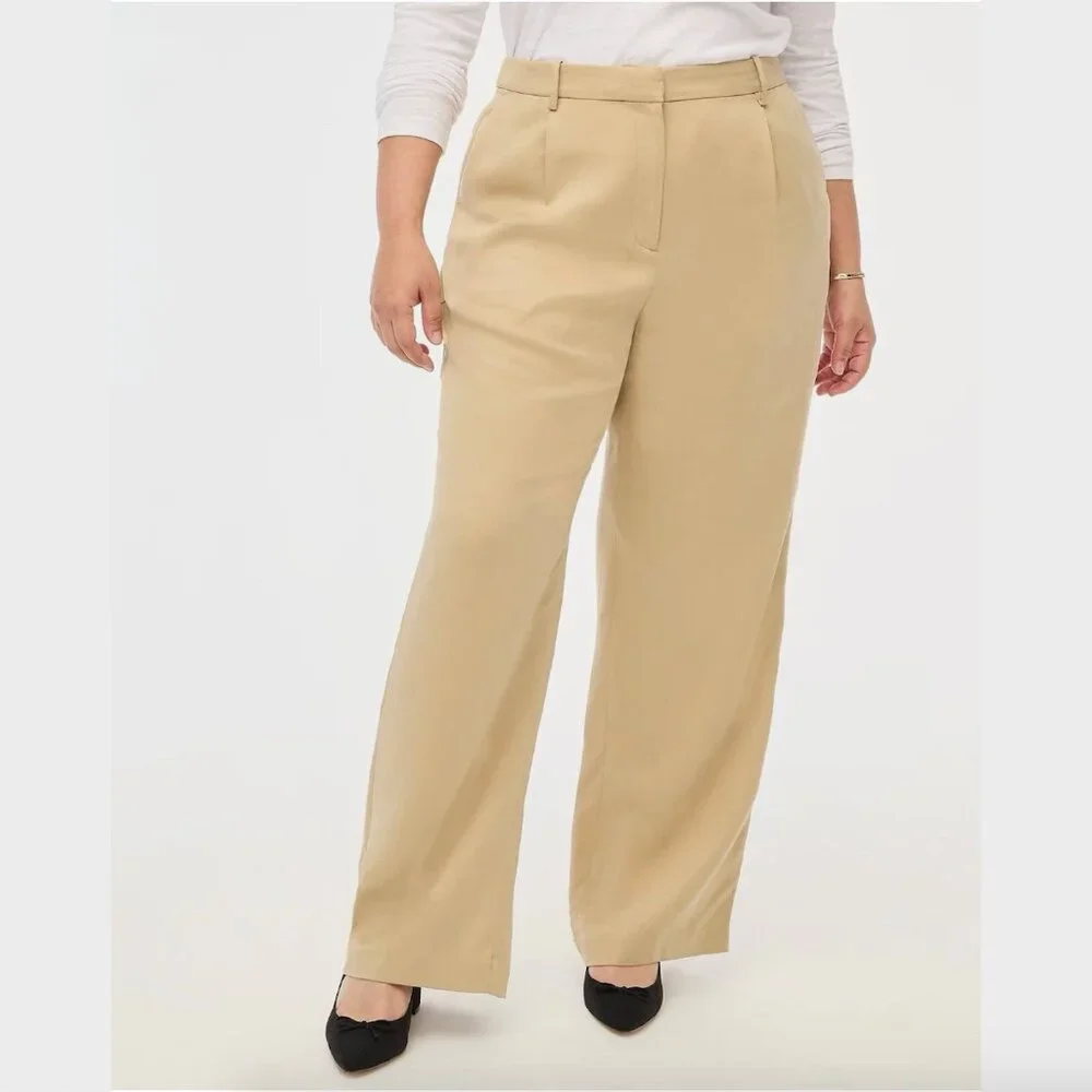 J. Crew Wide-Leg Pleated Twill Trouser Pant in Tan - Size 12
